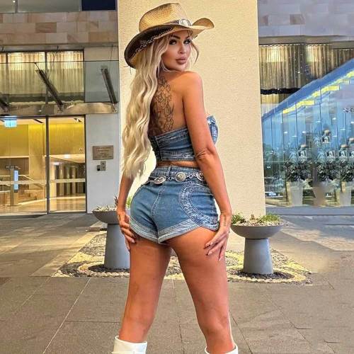 Sexy High Elastic Heart-shaped Washed Denim Strapless Two Pieces