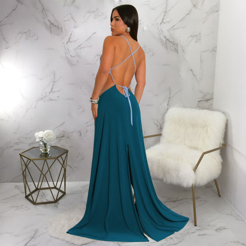 Solid Ringed Open Back Slit Up Maxi Dress/Coverup Dress