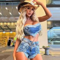 Sexy High Elastic Heart-shaped Washed Denim Strapless Two Pieces