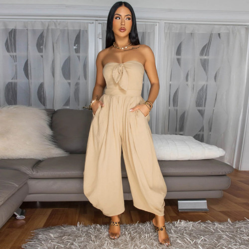 Summer Tie Bust Off Shoulder Smocked Wide Leg Long Jumpsuits with Pockets