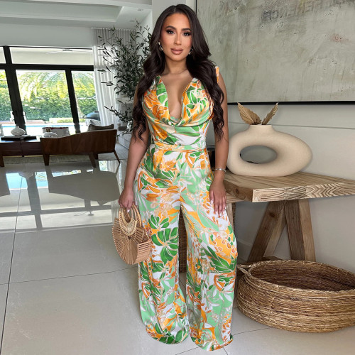 Women's Woven Sleeveless Lace-Up Wide-Leg Printed Jumpsuit