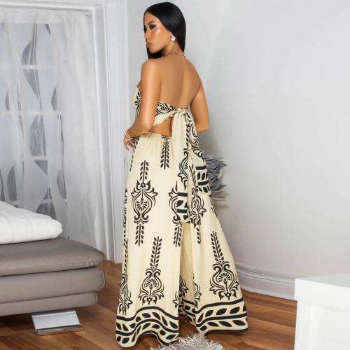 Casual Positioning Printed Waisted Culottes and Bust Jumpsuit