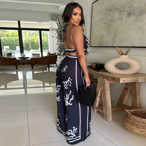 Casual Boho Positioning Print V-Neck Halter Wide Leg Pants Set