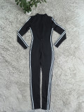 Solid Color Fashion Striped Half Zipper Jumpsuit