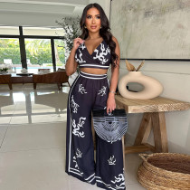 Casual Boho Positioning Print V-Neck Halter Wide Leg Pants Set