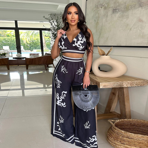 Casual Boho Positioning Print V-Neck Halter Wide Leg Pants Set