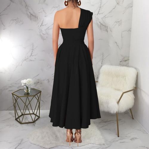 Women Sexy Slant Neck One Shoulder Long Dress High Split Maxi Party Dress
