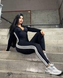 Solid Color Fashion Striped Half Zipper Jumpsuit