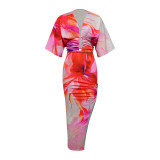 2 Piece Skirt Set Floral Print Long Sleeve Crewneck Crop Top Wrap Maxi Skirt