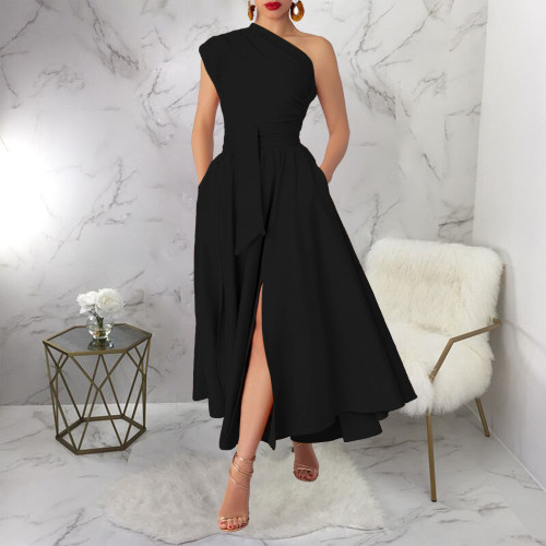 Women Sexy Slant Neck One Shoulder Long Dress High Split Maxi Party Dress