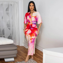 2 Piece Skirt Set Floral Print Long Sleeve Crewneck Crop Top Wrap Maxi Skirt