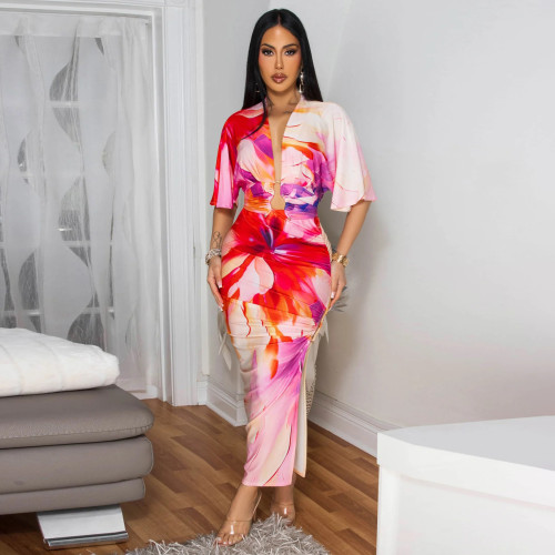 2 Piece Skirt Set Floral Print Long Sleeve Crewneck Crop Top Wrap Maxi Skirt