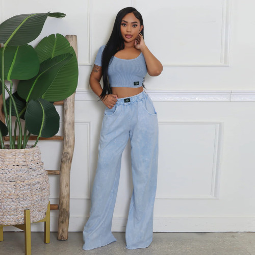 Sexy Distressed U Neck Crop Top Wide Leg Pants Set