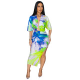 2 Piece Skirt Set Floral Print Long Sleeve Crewneck Crop Top Wrap Maxi Skirt