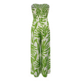 Sexy Strapless Ruffled Printed Bodycon Wide Leg Party Clubwear Jumpsuit