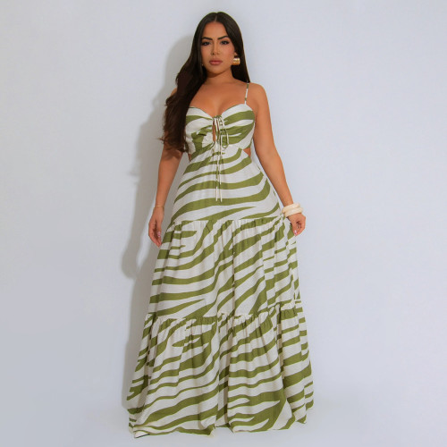 Sexy Lace-up Straps Long Printed Maxi Dresses