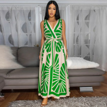 Sexy Deep V Sleeveless Positioning Print Bohemian Dress
