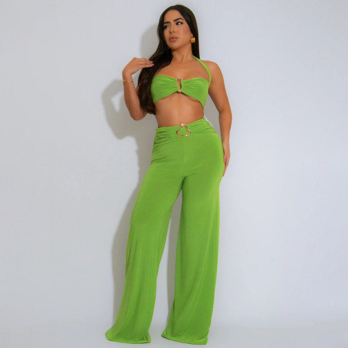 Solid Summer Decorative Button Halter Top and Long Skirt Two Piece Set