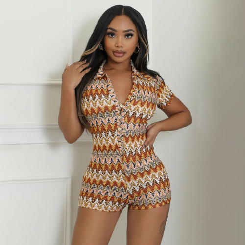 Wavy Striped V-Neck Short Sleeve Romper
