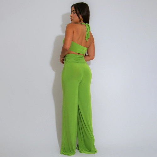 Solid Summer Decorative Button Halter Top and Long Skirt Two Piece Set