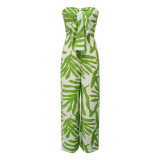 Sexy Strapless Ruffled Printed Bodycon Wide Leg Party Clubwear Jumpsuit