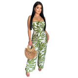 Sexy Strapless Ruffled Printed Bodycon Wide Leg Party Clubwear Jumpsuit
