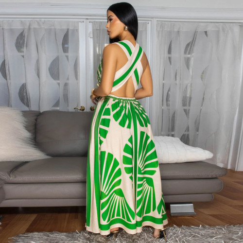 Sexy Deep V Sleeveless Positioning Print Bohemian Dress