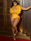 Sexy Nightclub Halter Tie Feather Satin Two-Piece Set