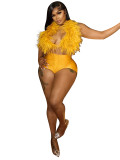 Sexy Nightclub Halter Tie Feather Satin Two-Piece Set