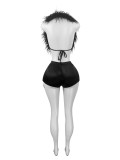 Sexy Nightclub Halter Tie Feather Satin Two-Piece Set
