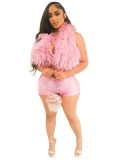 Sexy Nightclub Halter Tie Feather Satin Two-Piece Set