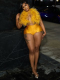 Sexy Nightclub Halter Tie Feather Satin Two-Piece Set