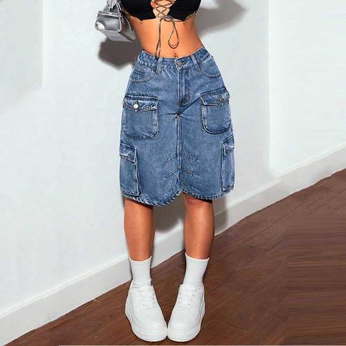 Women's Multi-Pocket Wide Leg Denim Shorts With Workwear Design