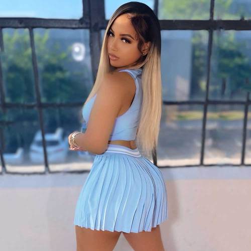 Casual Sleeveless Sportswear Crop Top + Pleated Skirt Set