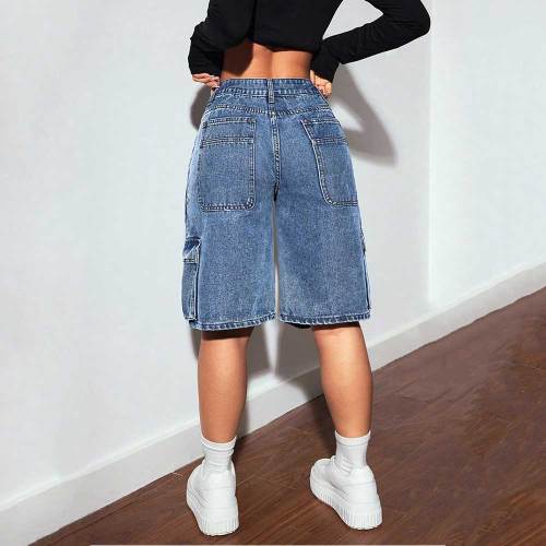 Women's Multi-Pocket Wide Leg Denim Shorts With Workwear Design