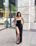 2025 Summer Fashion White Edge Hollow High Slit Halter Long Dress
