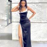2025 Summer Fashion White Edge Hollow High Slit Halter Long Dress
