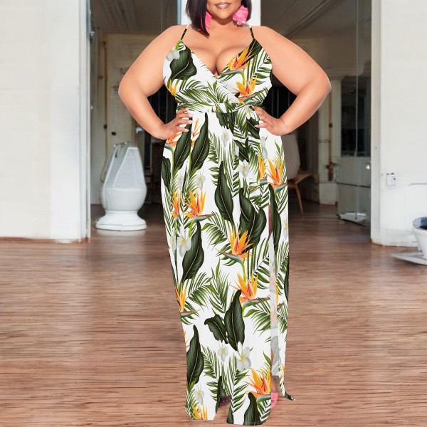 1 Piece Custom Casual Digital Printing High Slit Spaghetti Strap Long Plus Size Dresses