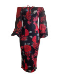 French Tea Break Print Off Shoulder Bodycon Mid Dress