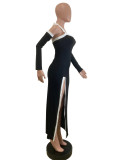 2025 Summer Fashion White Edge Hollow High Slit Halter Long Dress