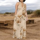 1 Piece Custom Casual Digital Printing Pocket Backless Halter Long Dresses