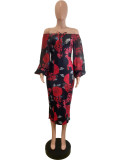 French Tea Break Print Off Shoulder Bodycon Mid Dress