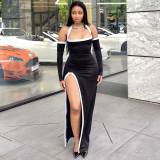 2025 Summer Fashion White Edge Hollow High Slit Halter Long Dress
