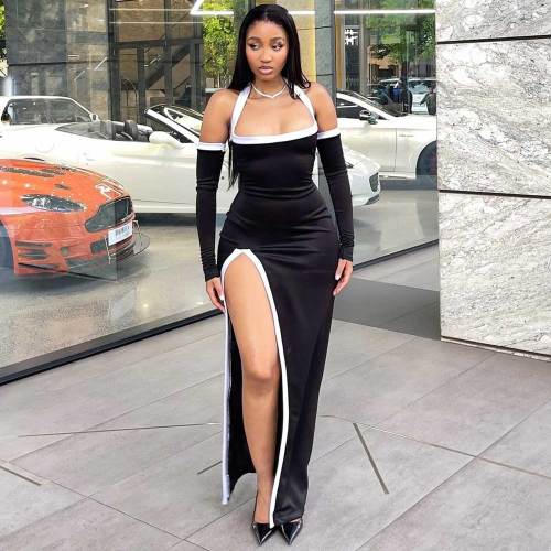 2025 Summer Fashion White Edge Hollow High Slit Halter Long Dress