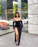 2025 Summer Fashion White Edge Hollow High Slit Halter Long Dress