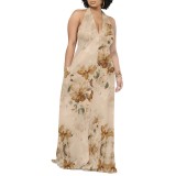 1 Piece Custom Casual Digital Printing Pocket Backless Halter Long Dresses