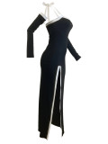 2025 Summer Fashion White Edge Hollow High Slit Halter Long Dress