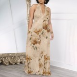 1 Piece Custom Casual Digital Printing Pocket Backless Halter Long Dresses