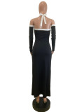 2025 Summer Fashion White Edge Hollow High Slit Halter Long Dress