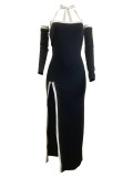 2025 Summer Fashion White Edge Hollow High Slit Halter Long Dress